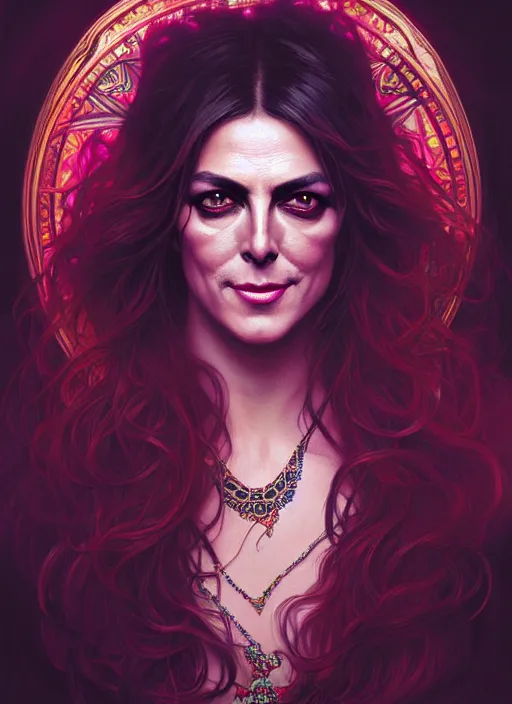 Prompt: psychedelic portrait of elizabeth hurley as a vampire lord, jewelry, greek, ruby, intricate, headshot, highly detailed, digital painting, artstation, concept art, sharp focus, cinematic lighting, illustration, art by artgerm and greg rutkowski, alphonse mucha, cgsociety