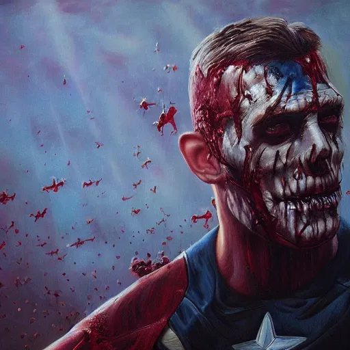 Prompt: masterpiece closeup portrait of captain america zombie d in a surreal dream landscape, cinematic lighting, Michael Whelan