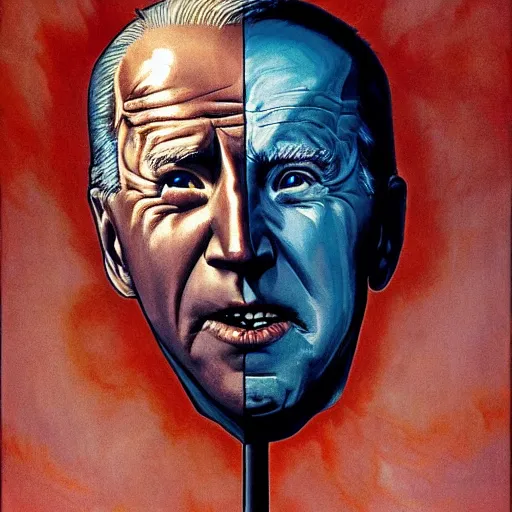 Image similar to giant distorted joe biden reconstructing the multiverse from a shattered mirror, american patriotism, perfectly clear face, by j. c. leyendecker and beksinski