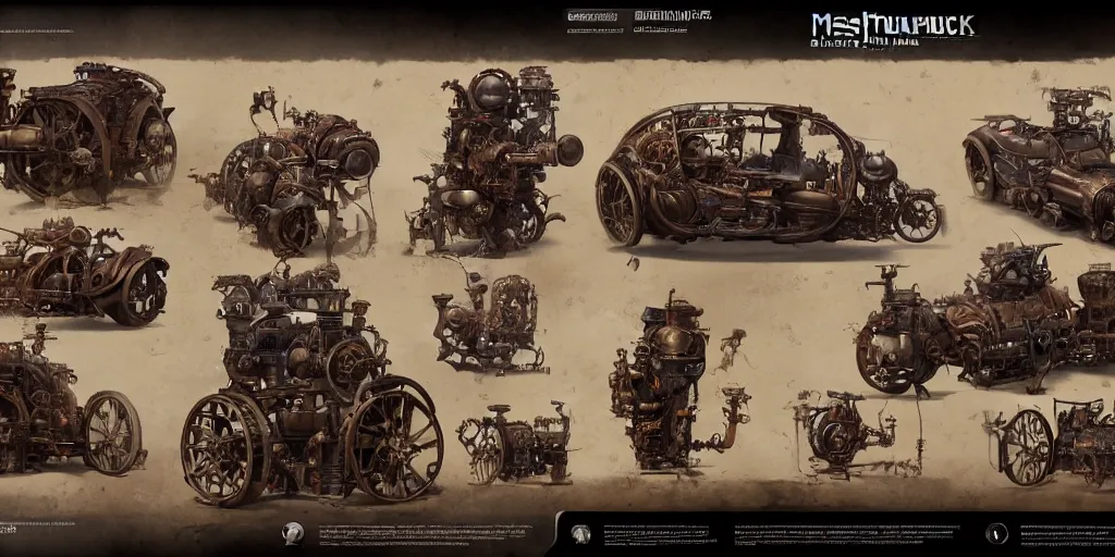 Image similar to steampunk vehicle design, character sheet, Moebius, Greg Rutkowski, Zabrocki, Karlkka, Jayison Devadas, Phuoc Quan, trending on Artstation, 8K, ultra wide angle, zenith view, pincushion lens effect