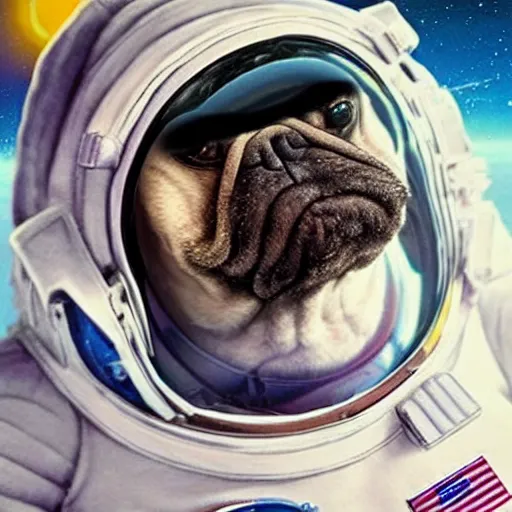 Image similar to hyper realistic, highly detailed, astronaut pug in space.