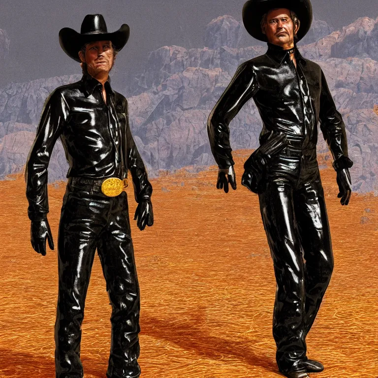 Image similar to 1 9 7 0's spaghetti western film octane render portrait by wayne barlow and carlo crivelli and glenn fabry, a man wearing a shiny black latex suit and cowboy hat covered in colorful slime, standing in a scenic western landscape, cinema 4 d, ray traced lighting, very short depth of field, bokeh