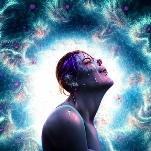 Prompt: floating being, glowing tears, laughter, cosmic imagery, intense positive emotion, emotional concept art, photography hyperrealism, detailed eyes, glitch! art, fractal