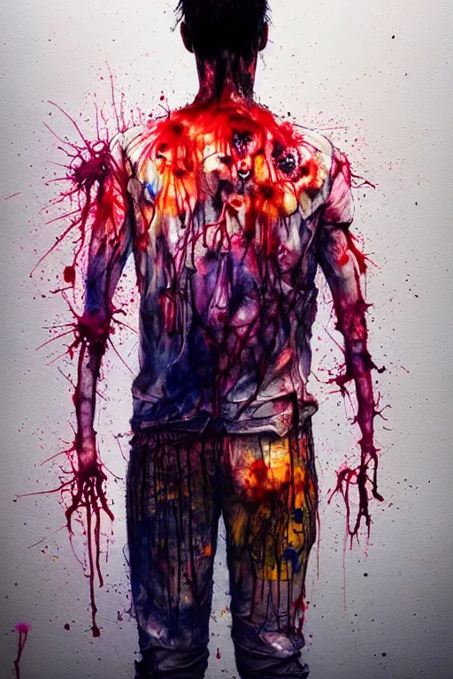 Prompt: zombie cop by agnes cecile enki bilal moebius, intricated details, 3 / 4 back view, full body portrait, extremely luminous bright design, horror, pastel colours, toxic drips, autumn lights