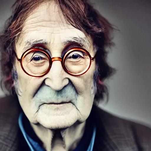 Image similar to old john lennon at age 9 0 years old, color ( sony a 7 r iv, symmetric balance, polarizing filter, photolab, lightroom, 4 k, dolby vision, photography award ), vogue, perfect face