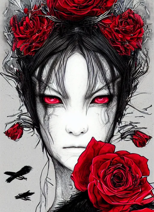 Prompt: portrait, A crow with red eyes in front of the full big moon, book cover, red roses, red white black colors, establishing shot, extremly high detail, foto realistic, cinematic lighting, pen and ink, intricate line drawings, by Yoshitaka Amano, Ruan Jia, Kentaro Miura, post processed, concept art, artstation, matte painting, style by eddie mendoza, raphael lacoste, alex ross