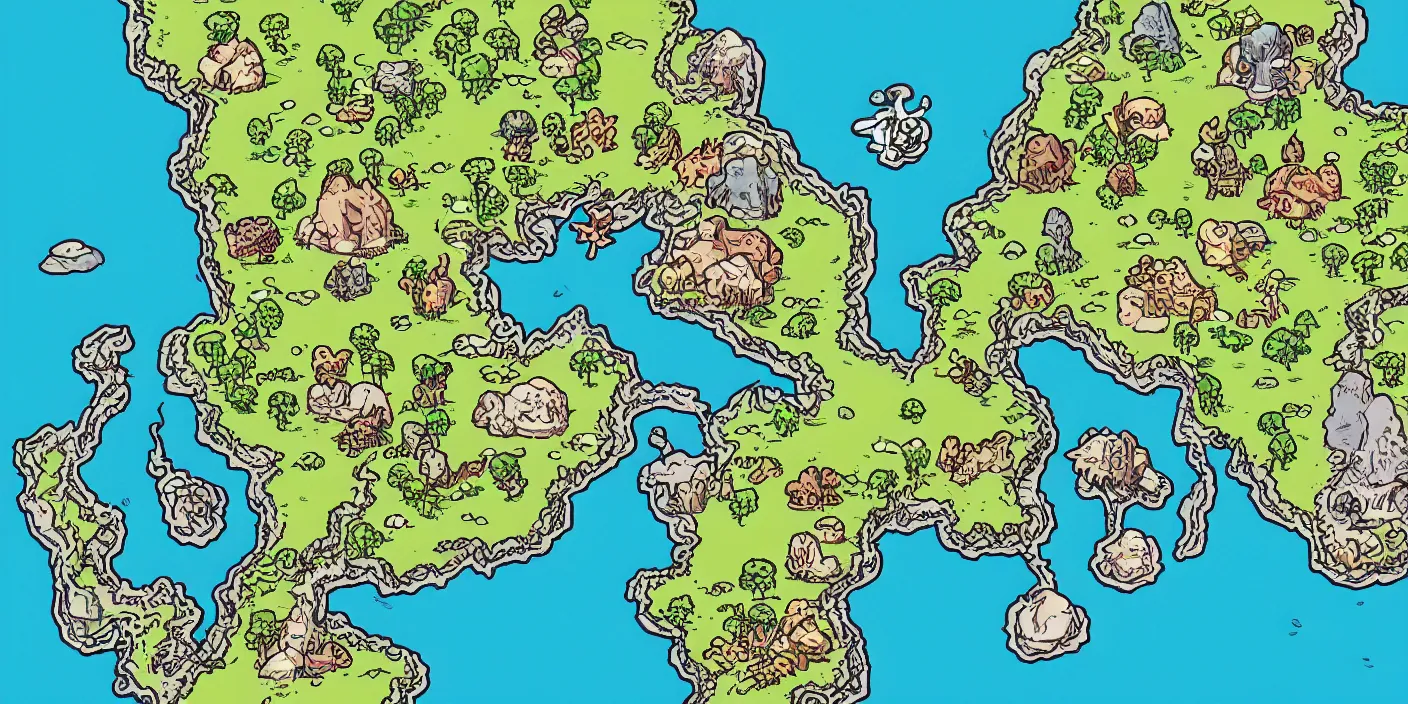 Image similar to a rpg map with continend in colored big regions surrounded by ocean detailed, flat colors and strokes