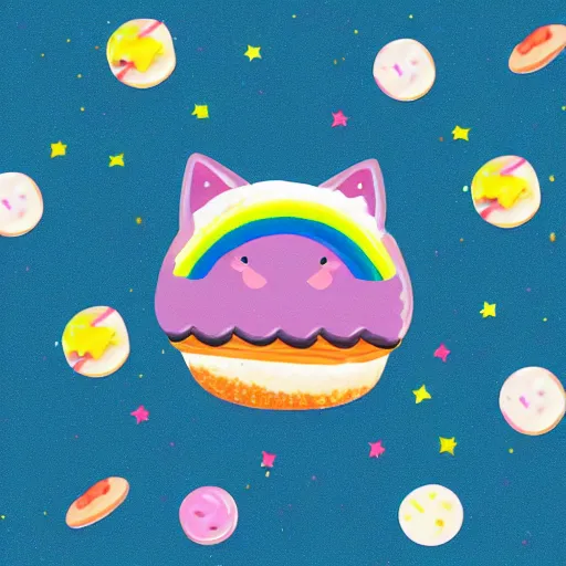 Prompt: cat with a pop sprinkle doughnut body flying though space shooting rainbows