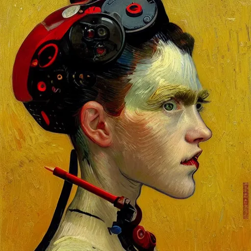 Image similar to Van Gogh portrait painting of a cyborg girl with black and red robotic parts, medium shot, asymmetrical, profile picture, Organic Painting, sunny day, Matte Painting, bold shapes, hard edges, street art, trending on artstation, by Huang Guangjian and Gil Elvgren and Sachin Teng