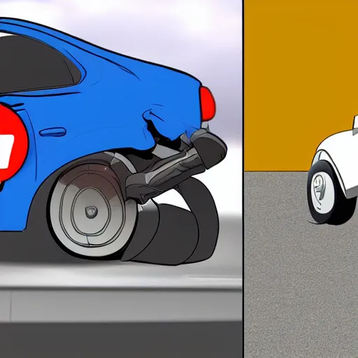 Image similar to a before and after shot of a cartoon car accident, hd cinematic cartoon,