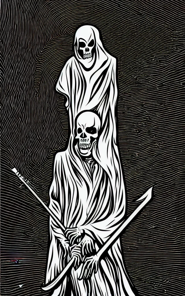 Prompt: adobe illustrator vector graphics digital art of an grim reaper, psychedlic monochromatic duoblend