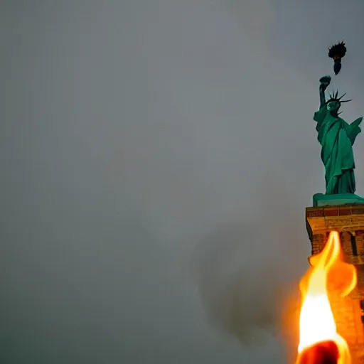 Image similar to the Statue of Liberty holding a burning torch aloft in her hand, award winning photojournalism