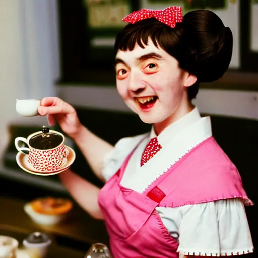 Image similar to close - up of mr. bean joyfully serving you tea at a japanese maid cafe, frilly outfit, soft focus, national geographic, depth of field, 3 5 mm, 8 k, photograph by annie leibovitz