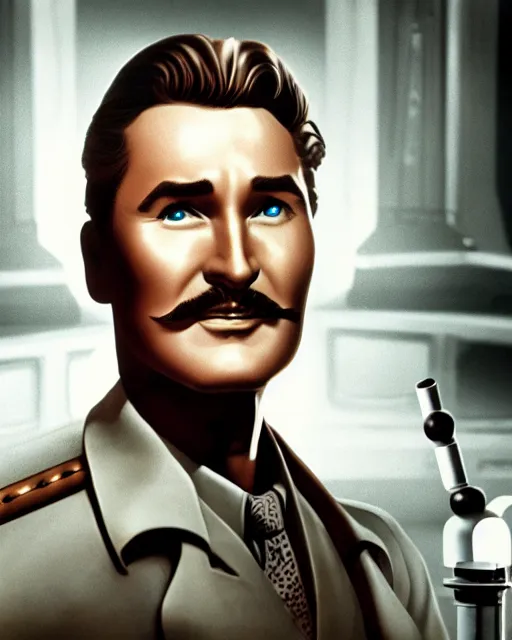 Prompt: Errol Flynn as a scientist. 1980s dystopian Soviet Russia, propaganda screens. Unreal engine, fantasy art by Alex Garner. Faithfully depicted facial expression, perfect anatomy global illumination, radiant light, detailed and intricate environment