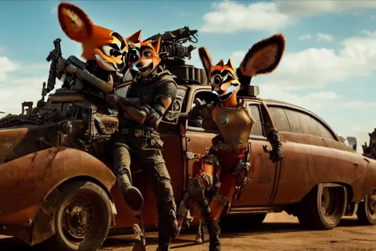 Image similar to nick wilde, heavily armed and armored facing down armageddon in a dark and gritty reboot from the makers of mad max : fury road