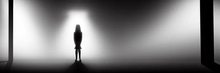 Image similar to dim lights shining through dark fog, emptiness, centered silhouette of a girl standing small, dress, spooky found footage, dramatic contrast, vast empty hall, trending on artstation