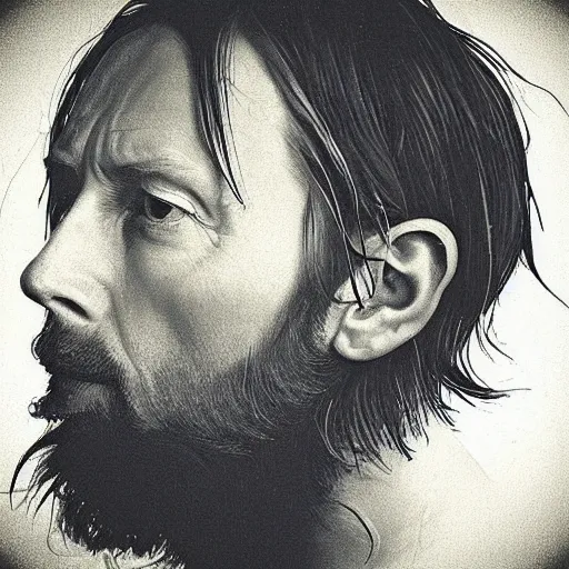 Prompt: “Thom Yorke’s face in profile, short beard, made of flowers, in the style of the Dutch masters, dark and moody”