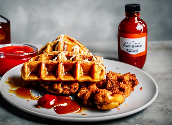 Prompt: dslr food photograph of a belgian waffle with fried chicken on top drizzled with maple syrup and a bottle of hot sauce on the side, 8 5 mm f 1. 8