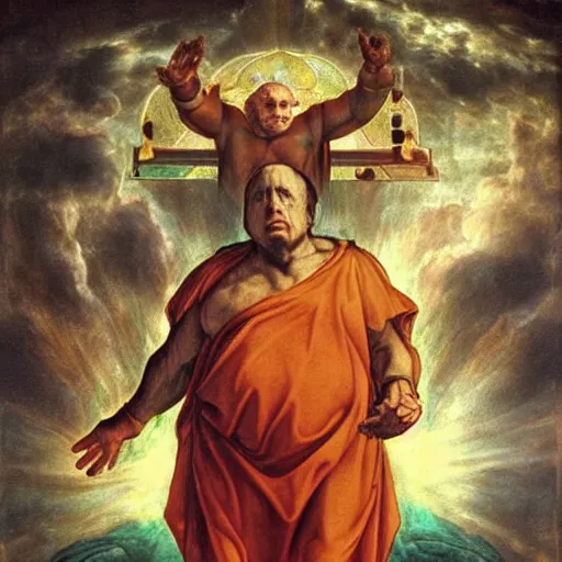 Prompt: Danny Devito as God dressed in an exosuit, heaven, War, Battle, Smiting the Devil, Holding Light in his hands, Lightbeams, clouds, surreal, Leonardo Divinci inspired, Michael Angelo inspired, Painting, Religious art