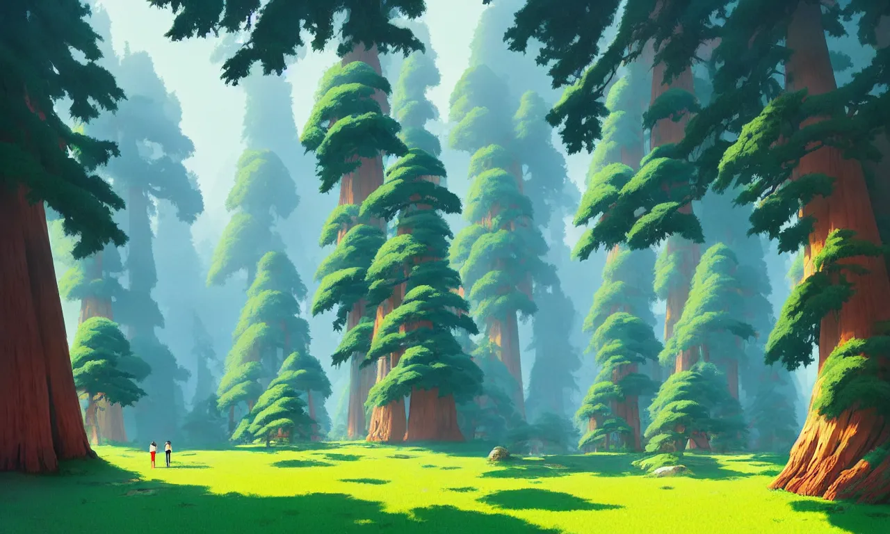 Image similar to Sequoia Park in a colorful moutain with beautiful trees , no people, morning, by studio ghibli painting, superior quality, masterpiece, traditional Japanese colors, by Grzegorz Rutkowski, concept art