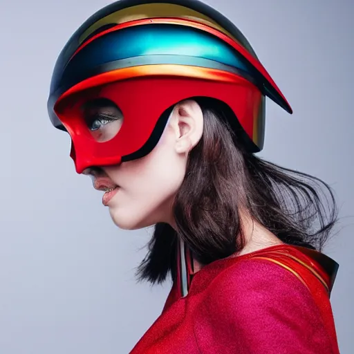 Prompt: Vibrantly colored angular helmet worn by a fashion model