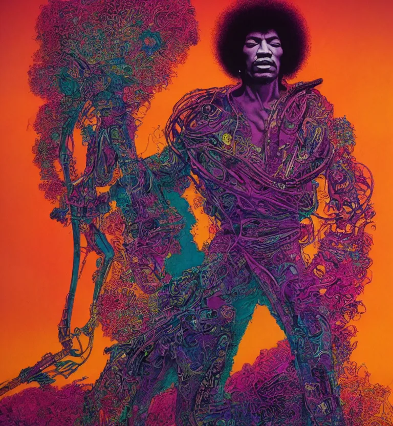 Prompt: jimi hendrix full body, colourful afrofuturist biomorphic opart in background, octane render 8 k, pascal blanche, arthur rackham, moebius, syd mead, killian eng, beksinski, greg hildebrandt, scifi, 8 k