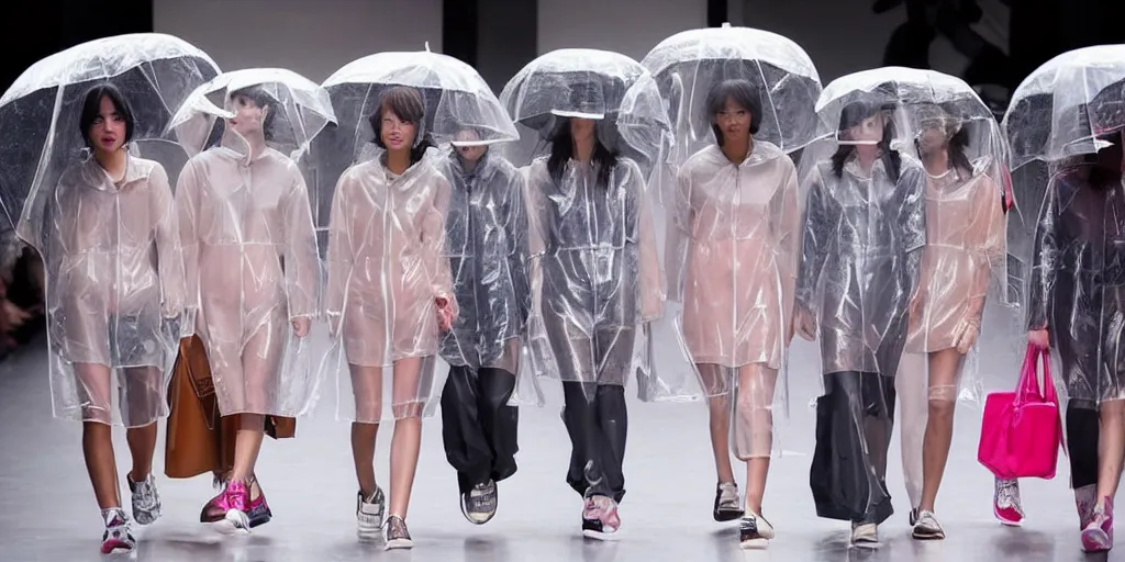 Image similar to catwalk fashion in transparent raincoats holding transparent umbrellas