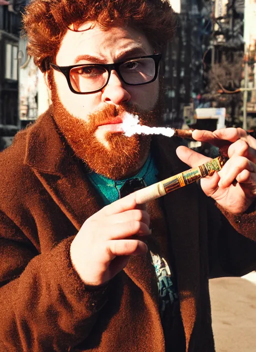 Image similar to photorealistic photograph of seth rogan smoking a joint, hybrid creature, 3 5 mm film, fuji, leica s, bigfoot, nyc, in the style of fashion photography, intricate, golden hour sunlight, kodachrome