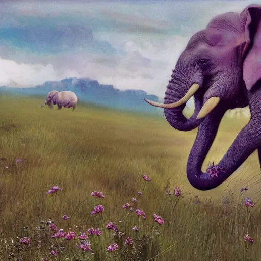 Image similar to purple elephant running in meadow, close up camera angle from an ant, raining, mountain behind meadow, menacing, illustration, detailed, smooth, soft, cold, by Adolf Lachman, Shaun Tan, Surrealism