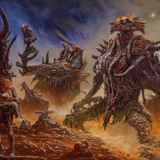 Image similar to extraterrestrial brutal warfare between rival warlords, violent, on ancient post - apocalyptic planet, jim henson creature shop, vivid and colorful, thomas kincaid, cinematic, oil painting, highly detailed, illustration