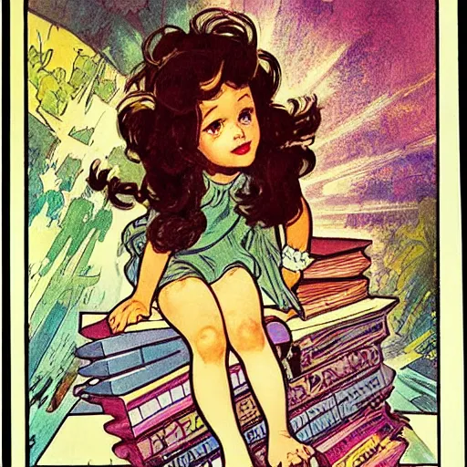 Image similar to a cute little girl with a mischievous face and short brown wavy curly hair sitting on top of a tall pile of books. well composed, clean elegant painting, beautiful detailed face. comic book art by steve ditko and jack kirby and ( alphonse mucha )