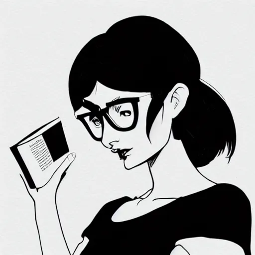 Prompt: a beautiful woman wearing glasses reading a book, cel shaded art by josan gonzalez and jamie hewlett and ilya kuvshinov