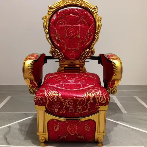 Prompt: a luxury vip golden toilet gaming chair with red hibiscus embossed into the material, the toilet is shiny, varying art styles, varying locations, varying angles