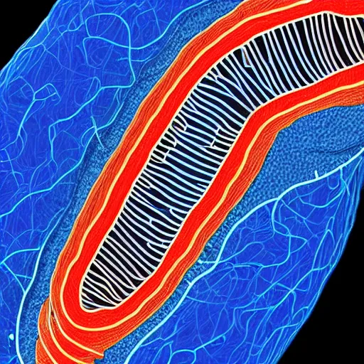 Prompt: tunneling electron microscope image of mitochondria. false color. mit technology review. nature journal cover. nobel prize winning. ultra detailed 8 k tif