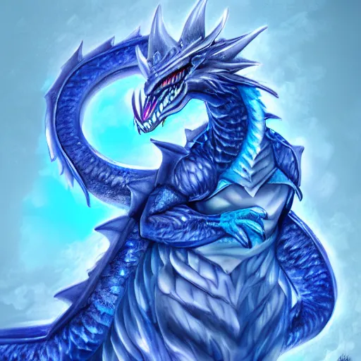 Art Of A Anthropomorphic Blue Dragon With Icy Scales 