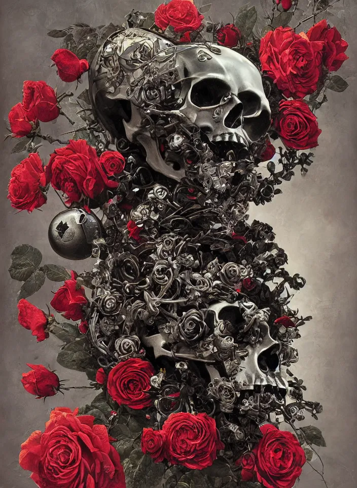 Prompt: metal robot skull with a wreath of roses, flying around the skull are buds and rose petals, dark background of black liquid splashes, painted by Caravaggio, Greg rutkowski, Sachin Teng, Thomas Kindkade, Alphonse Mucha, Norman Rockwell, Tom Bagshaw.