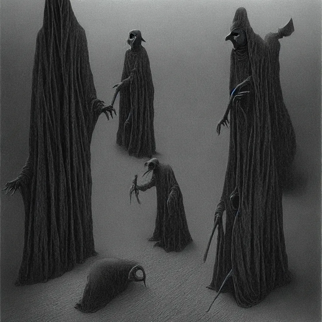 Prompt: Plague doctor. Coffin. Zdzisław Beksiński.