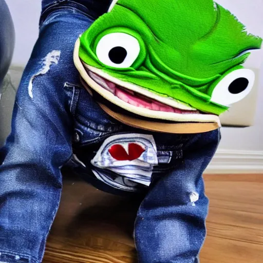 Image similar to pepe the frog head from 4chan on the body of a cartoon dog wearing a leather jacket and jeans