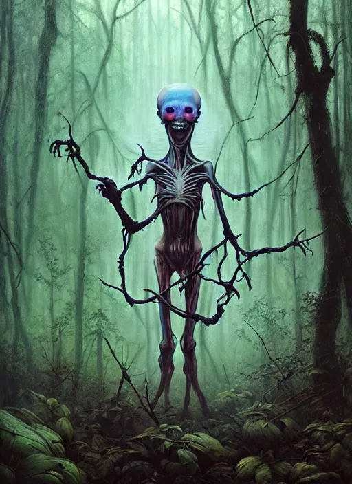 Image similar to hyper realistic spooky alien in the woods in a river gorgeous lighting, lush forest foliage blue sky a hyper realistic painting by chiara bautista and beksinski and norman rockwell and greg rutkowski, tom bagshaw weta studio, and lucasfilm