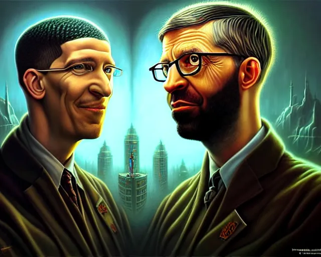 Image similar to lovecraft biopunk portrait of drake and bill gates, fractal background, by tomasz alen kopera and peter mohrbacher