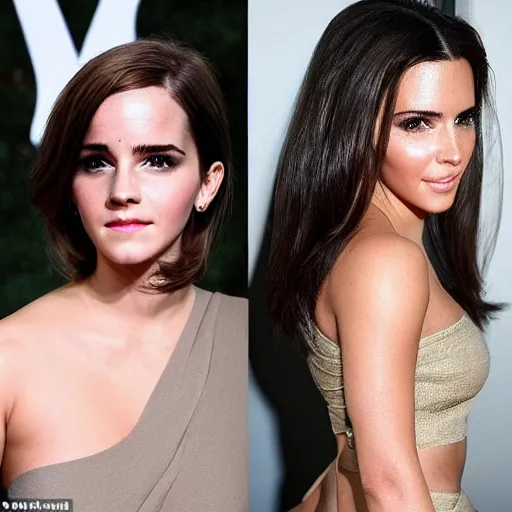 Image similar to a full - figure profile photograph of a woman who is a genetic combination of emma watson and kim kardashian