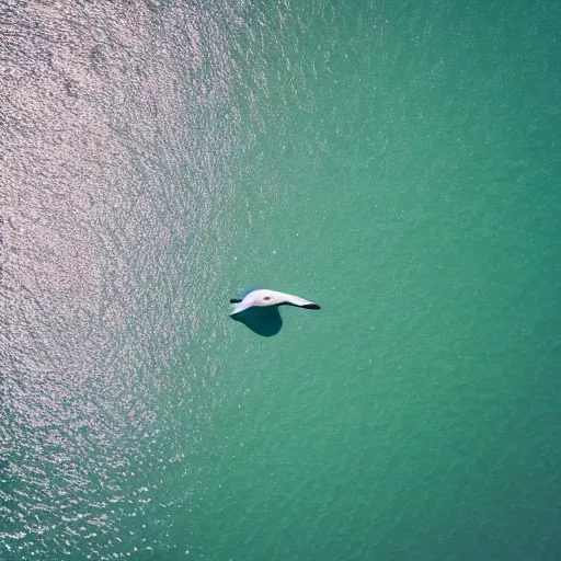 Image similar to simmetrical photo of a seagull flying seen exactly from above. Watching down. Seagull seen from above. 4k still award winning. Pleasant look and colors. Sea on the background.