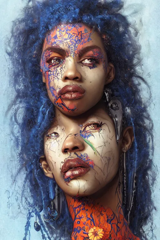 Image similar to portrait of beautiful young maiden, warhammer, afro style, more and more cyberpunk, a lot of more scars, more and more flowers, blue head, some red water, the middle ages, highly detailed, artstation, illustration, artgerm sylvari portrait, 8 k quality, art by alfred kubin