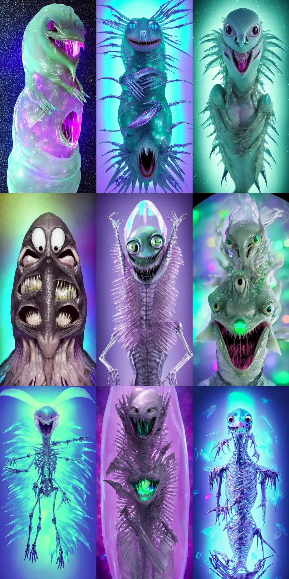 Prompt: kawaii image of a silly sci - fi saliva skeksis creature, super adorable, iridescent membranes, gaping gills and baleen, translucent skin shows haunting skeletal details in front of dark pastel bokeh lights, eerie, occult, gelatinous with wittle teeth