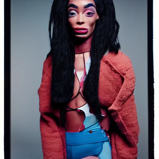 Image similar to realistic photoshooting for a new balenciaga lookbook, vhs colour photography, portrait of model Winnie Harlow woman, in style of Tyler Mitchell, 35mm,