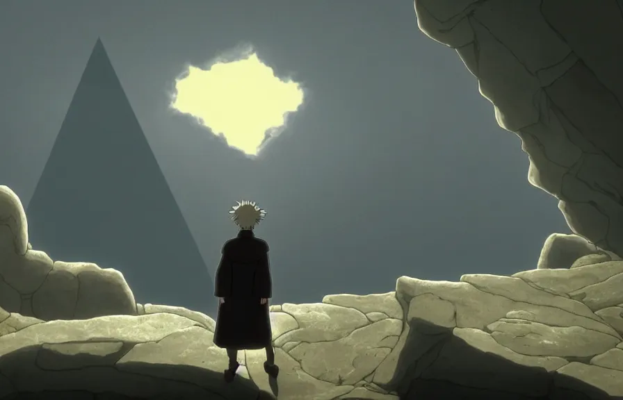 Image similar to a cell - shaded cartoon movie still from howl's moving castle ( 2 0 0 4 ) of a monk in a grey robe. in the background is a white pyramid with a golden capstone in the ocean. shafts of sunlight come from above. wide shot, very dull muted colors, hd, 4 k, hq