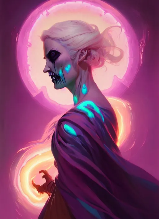 Image similar to side portrait, female undead warlock, gloomhaven, luminescent, colorful swirly magic ripples, pastel colors, by greg manchess, huang guangjian, gil elvgren, sachin teng, greg rutkowski, jesper ejsing, ilya kuvshinov