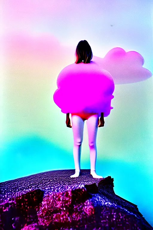 Image similar to high quality pastel coloured film close up wide angle photograph of a model wearing clothing swimming on cloud furniture in a icelandic black rock!! environment in a partially haze filled dreamstate world. three point light, rainbow. photographic production. art directed. pastel colours. volumetric clouds. pastel gradient overlay. waves glitch artefacts. extreme facial clarity. 8 k. filmic.