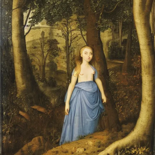 Image similar to a girl lost in a forest, castel in the background, renaissance