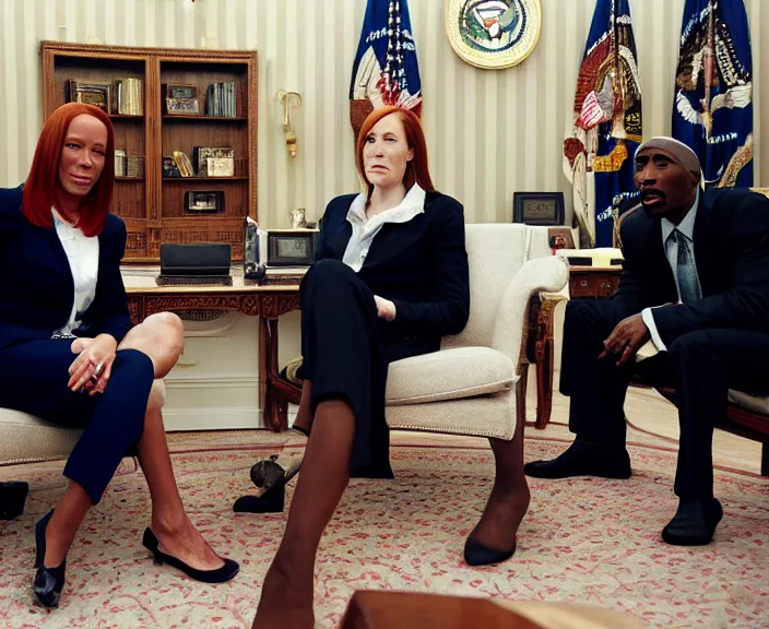 Image similar to Jen Psaki and Tupac Shakur acting fools high on LEAN in the oval office , Photograph By Rineke Dijkstra; by Yoichi Okamoto